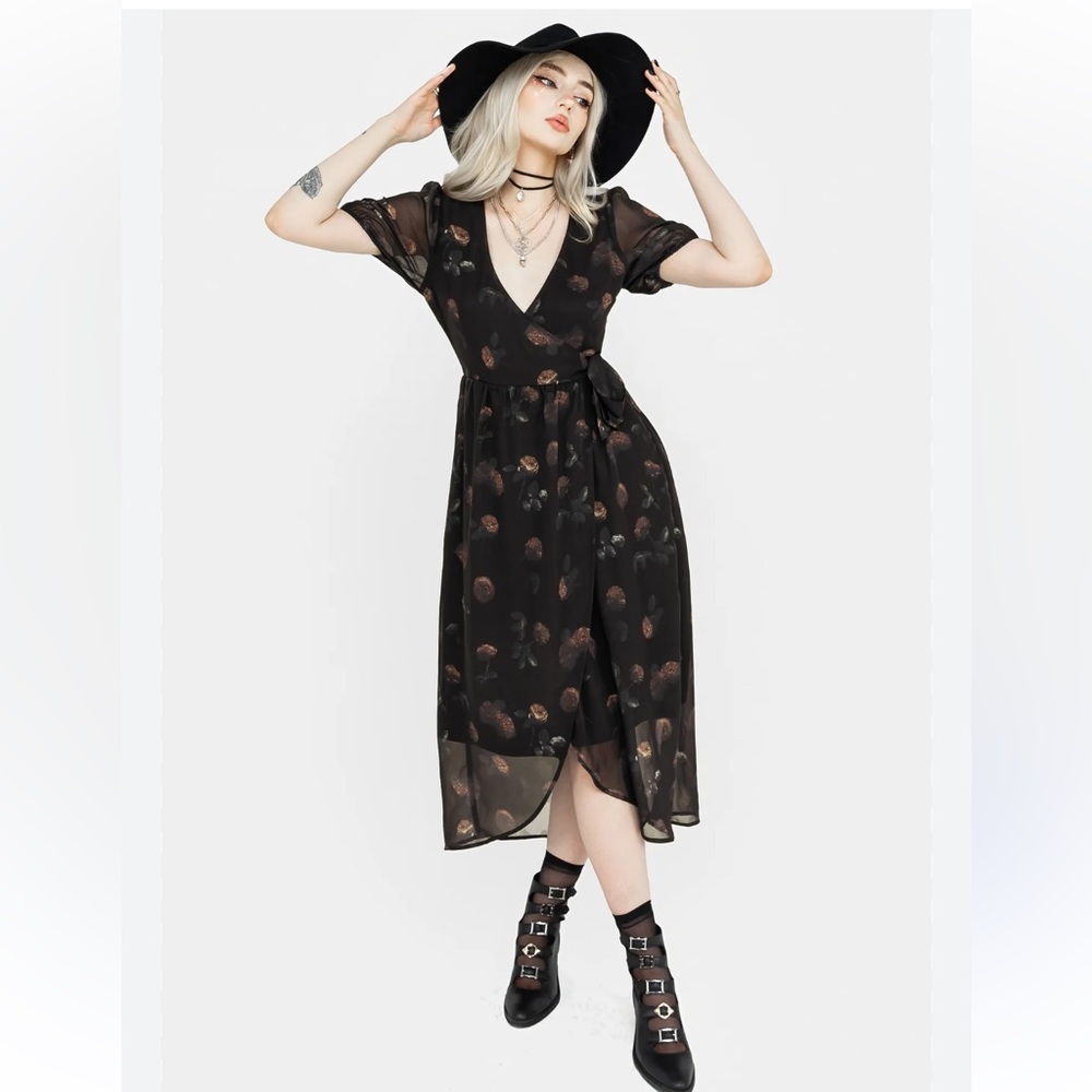 Disturbia Black Sheer Floral Midi Wrap Dress with Brown Accents